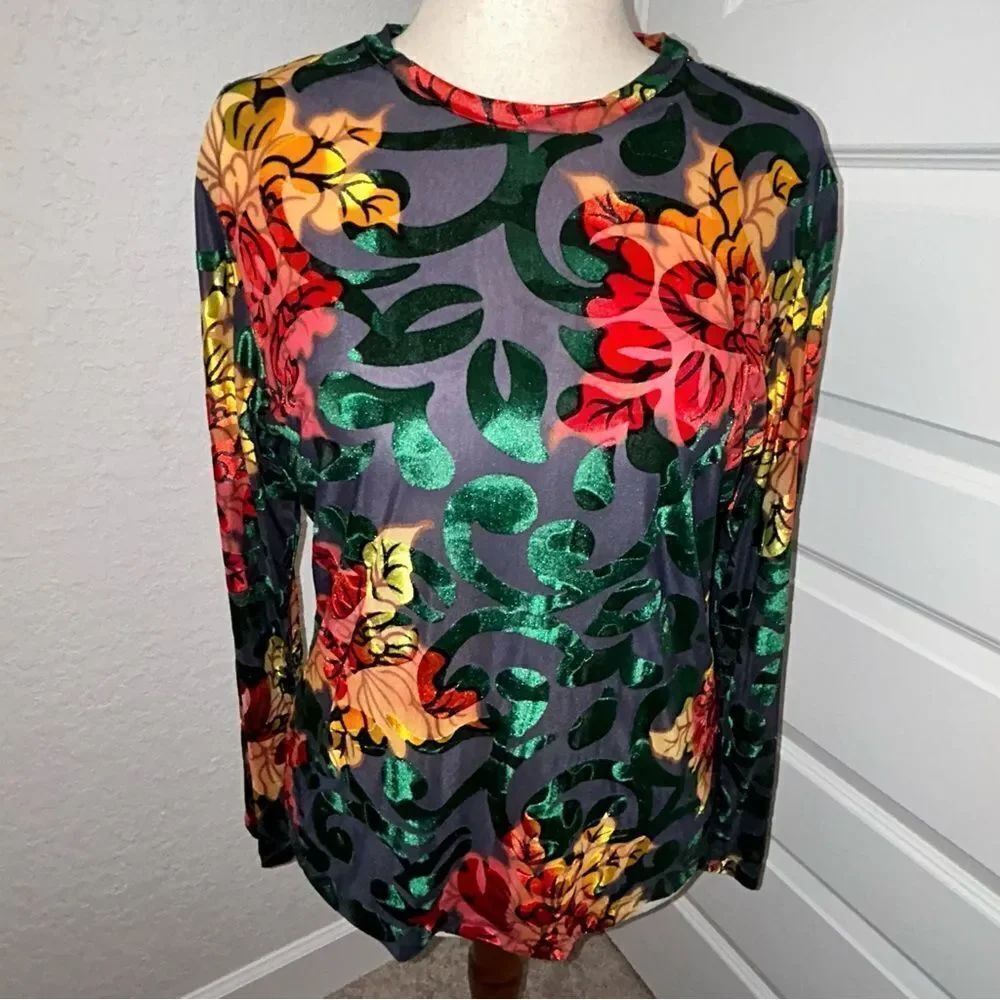 Petit Pois by Viviana G. Floral Print Burnout Long Sleeve Sheer Shirt Blouse Top